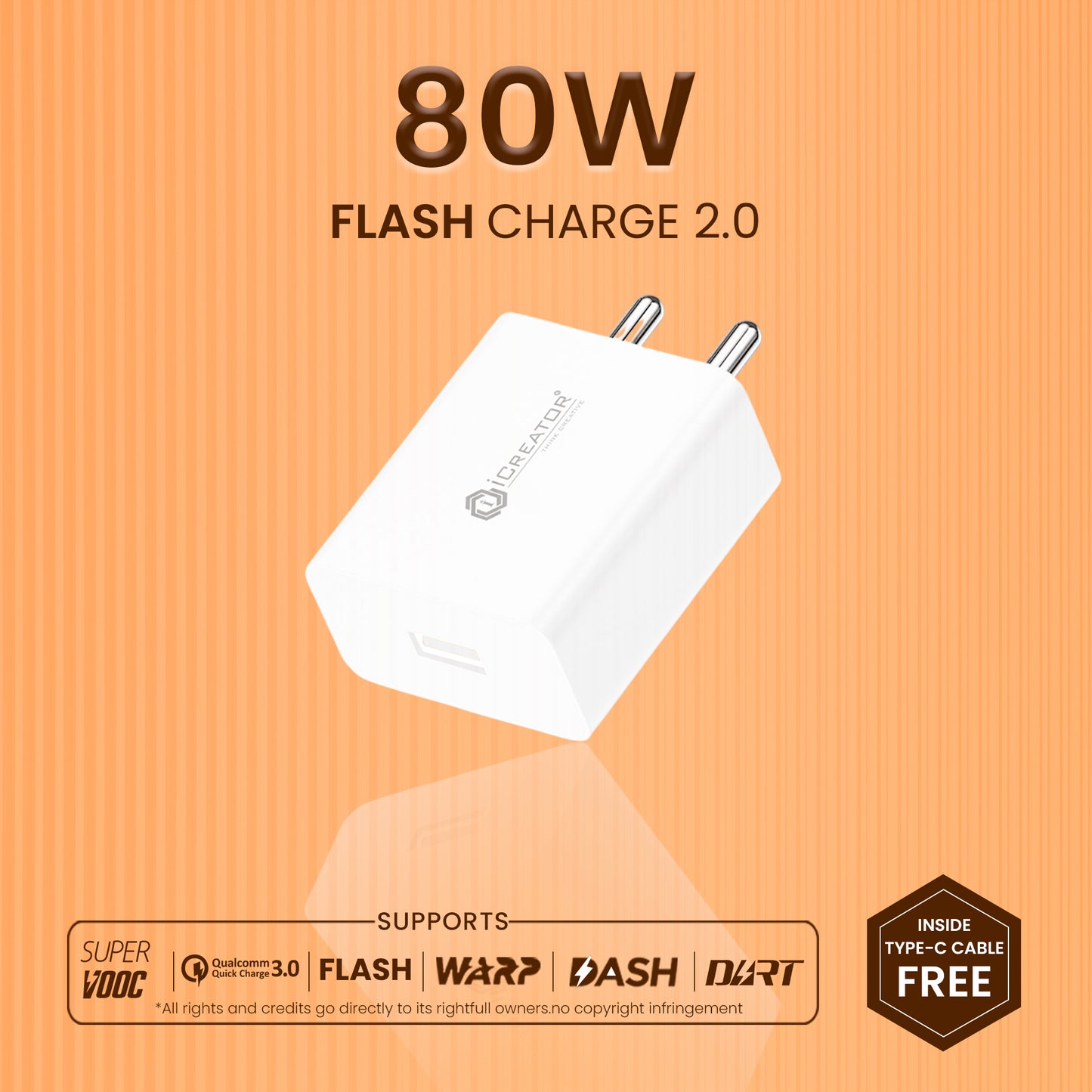 80W Flash Charge 2.0 With USB - A To Type C Cable