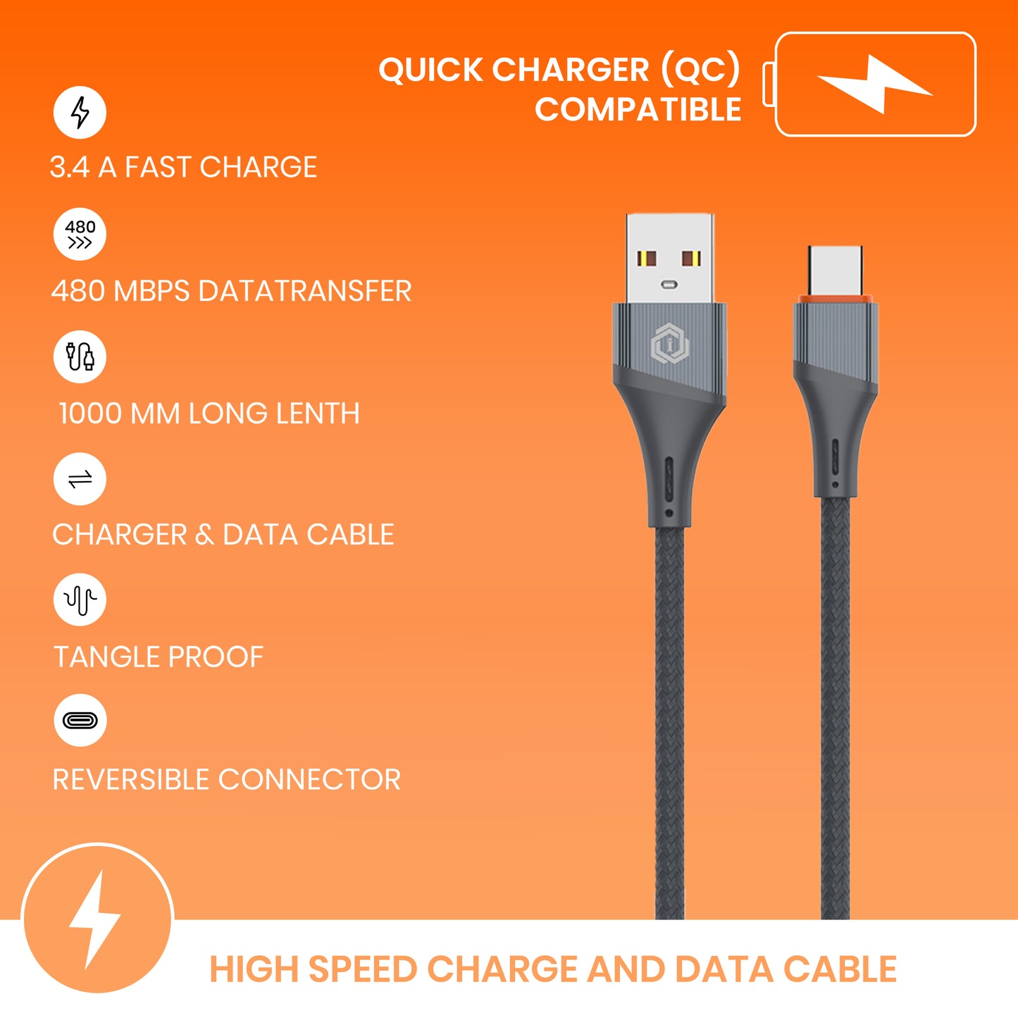 Penther Series Data Cable 65W Fast Charging USB A To  | V8 | Type C | Lightning